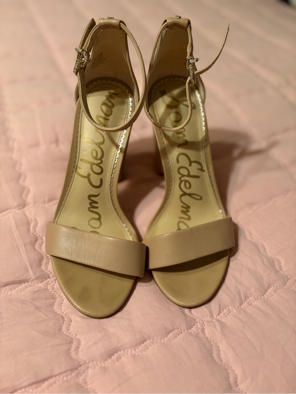 Sam Edelman Beige Ankle-Strap Block Heel Sandals size 7.5